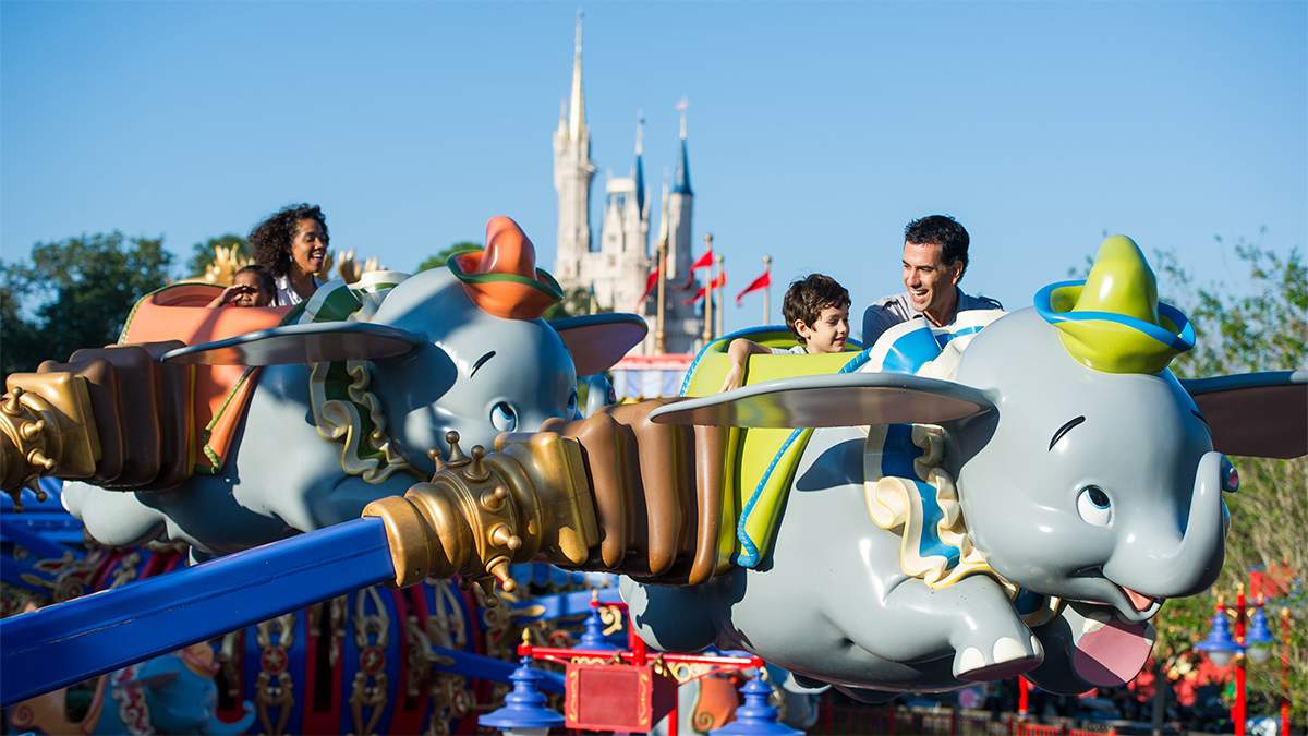 Close up of a family on the Dumbo the Flying Elephant ride on a sunny day at Walt Disney World in Orlando, Florida, USA